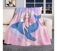 Cartoon Cute Girl Whale Dreamy Print Blankets, Colorful Throws for Sofas Bed Settee Xmas Decorations Fleece Blanket Soft Warm Cosy Christmas Throw Fluffy Bed Throw - 130×150 cm