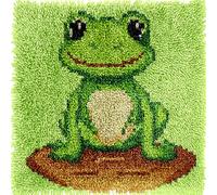 Cartoon Cute Green Frog Latch Hook Kits Mini Rug DIY Handmade Crochet Yarn Needlework Hook and Latch Kit Printed Canvas Carpet Cushion Cover Home Christmas Decoration 30x30cm