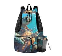 Cartoon Cute Green Turtle Playing Guitar Drawstring Beach Backpack Climbing Gym Bag With Water Bottle Pocket Wet and Dry Separation