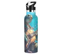 Cartoon Cute Green Turtle Playing Guitar Lightweight Sport Insulated Water Bottle 20 Oz with Handle Keeps Hot and Cold for School and Outdoor Sports