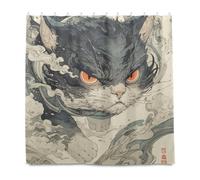 Cartoon Cute Grey Japanese Ukiyo-e Cat Decorative Water Repellent Cloth Polyester Shower Curtain with Hook Polyester Resistant Washable Shower Curtain Liner for Simple Bathroom Fall Decor Halloween