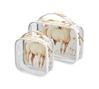 Cartoon Cute Horse Flower and White Butterfly 2 Pack Clear Mens Toiletry Travel Bag TSA Approved Reusable Makeup Travel Bag Men’s Shaving kit