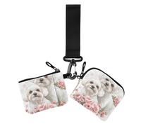 Cartoon Cute Mighty Maltese Dogs White Pink Rose Women's Card Cases Change Holder Small Portable Money Organizers with Zipper Pocket for Ladies 2 Pcs, cartoon cute Mighty Maltese dogs white pink rose