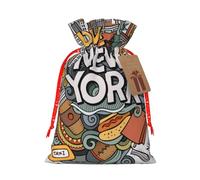 (Cartoon Cute New York American Theme Art) Christmas Burlap Gift Bags, Eco-Friendly Polyester Drawstring Pouches For Holiday, Birthday & Party Gift Packaging S
