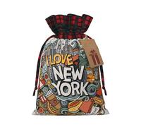 (Cartoon Cute New York American Theme Art) Christmas Drawstring Gift Bags, Reusable Buffalo Plaid Drawstring Wrapping Bags For Xmas Party Supplies S