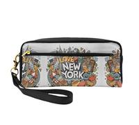 Cartoon Cute New York American Theme Art Double-Sided Printed Leather Portable Makeup Pouch-Multi-Purpose Cosmetic Bag, Pencil Case and Organizer for Women