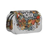 Cartoon Cute New York American Theme Art Flip-Top Double-Layer Pencil Case,Large Capacity (Holds 50 Pens/Pencis),Full-Print Durable Polyester School Office Supplies