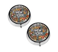Cartoon Cute New York American Theme Art Print Pill Box 3 Compartment Medicine Pill Case,Portable for Pocket Or Purse Pill Organizer Decorative Metal Medicine Vitamin Organizer Unique Gift