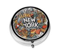 Cartoon Cute New York American Theme Art This Small, Round, Three-Compartment Travel Pill Box is Perfect for Storing Daily medications, Vitamins, and on-The-go.