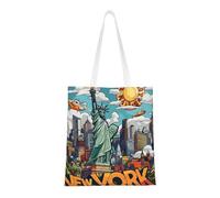Cartoon Cute New York Theme Art Print Canvas Tote Shopping Bag Reusable Foldable Grocery Bags Shoulder Bag for Travel, Beach, Gym, Work, School