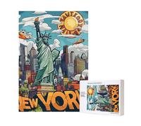Cartoon Cute New York Theme Art Printed Jigsaw Puzzle with Storage Box, Wooden Puzzle for Adults and Kids, 300 Pieces Family Fun Decorative Game