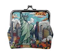 Cartoon Cute New York USA Theme Art Print Coin Purse for Women Cute PU Leather Kiss-lock Change Purse Wallet, Black, One Size, Pattern