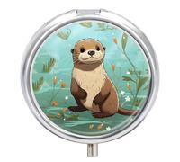 Cartoon Cute Otter Pill Box 3 Compartment Small Pill Case with Mirror for Purse & Pocket Travel Medicine Organizer Daily Medication Container Portable Pillbox Metal Medicine Box Round Meds Case