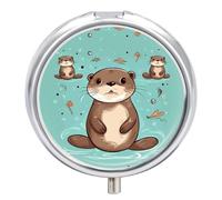 Cartoon Cute Otter pilldispenser with Mirror 3 Compartments Waterproof Pillcase for Purse Pocket Non-Slip Grip Travel Medicine Organizer Container Box for Vitamin Fish Oil Supplement