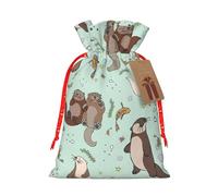 Cartoon Cute Otter Print Holiday Burlap Gift Bag With Drawstring, Small Party Favor Pouches For Christmas Gifting-S Size
