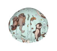 Cartoon Cute Otter Print Shower Cap for Women & Men â€“ Reusable Double-Layer Bath Hair Cap with Elastic Strap L