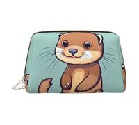 Cartoon Cute Otters Print Leather Cosmetic Pouch, Leather Makeup Bag for Purse with Top Zip Closure Stylish Toiletry Bag