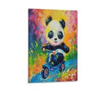 Cartoon Cute Panda Canvas Wall Art, Fun Nature Animal Abstract Graffiti Style Painting Print on Textured Canvas, Wall Poster Artwork for Living Room Bedroom Office Decor Frame 24x36inch(60x90cm)