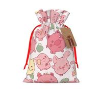 cartoon Cute Pigs Pattern Printed Christmas Drawstring Bags Reusable Bag for Party Xmas Gift Wrapping, Red Ribbon, M