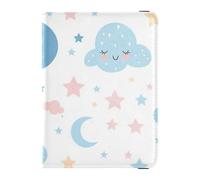 Cartoon Cute Pink Blue Cloud Moon Leather passport holder for travel family for travel Wallet Combo Passport Cover Holder Wallet Case for women Lightweight, Cartoon cute pink blue cloud moon, One Size