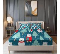 Cartoon Cute Polar Bear Christmas Tree Printed Fitted Sheets for King Bed,Microfiber Fitted Bedsheets - Blue-Green Soft Breathable Fade Resistant Bedding with Extra Deep Pocket