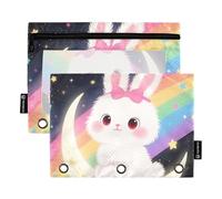 Cartoon Cute Rabbit on The Moon Ringing Binder with Clear Window Large Pencil case in Assorted Colors 3 Ringing Pencil case for School, Office & Home Multicolored 2 PCS