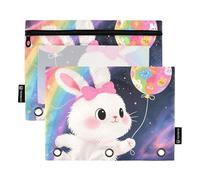 Cartoon Cute Rabbit Rainbow Binder Pockets with Clear Window Large Zippered Pencil case with Zipper Reinforced Grommets Binders 3 Ringing for Office Supplies Multicolored 2 PCS