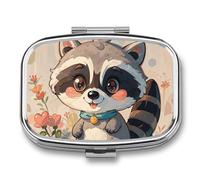 Cartoon Cute Raccoon Pill Box 2 Compartment - Small Metal Medicine Organizer Portable Pill Case for Purse Pocket Travel Vitamin Organizer for Men Women, BPA-Free