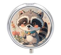 Cartoon Cute Raccoon Pill Organizer 3 Compartments, Round Small Pill Box for Purse & Pocket, Portable Daily Medicine Box to Hold Vitamins, Supplements, Pills, Fish Oil