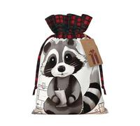 Cartoon cute raccoon -Print Burlap Drawstring Bags Plaid Design, Eco-Friendly Party Favors Packaging For Christmas Birthday.