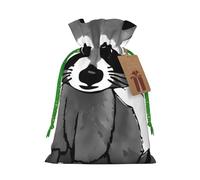 (Cartoon cute raccoon) Printed Christmas M Size Gift Bags with Green Ribbon Drawstring Candy Bags for Kids Xmas Holiday Christmas Eve Presents