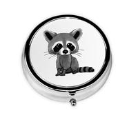 Cartoon Cute Raccoon Printed Round Travel Pill Box Cute Small Metal Pocket Pill Case for Men & Women 3 Compartment Portable Pill Organizer for Purse or Pocket