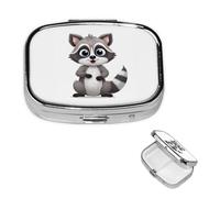 Cartoon Cute Raccoon Square Metal Pill Box 2 Compartment Cute Travel Pill Organizer Case Portable Medicine Vitamin Organizer Pill Case for Women Men Travel Unique Gift