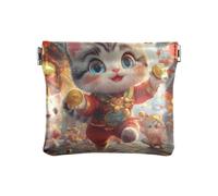 Cartoon Cute Red New Year Cat Women's Small Leather Change Purse Cute Pocket Purse Makeup Bag for Women, Cartoon cute red New Year cat, One Size, Print Art