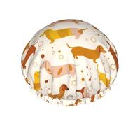 Cartoon Cute Sausage Dog Print Shower Caps for Women, Reusable Double Layers Elastic Band Long Hair Bath Caps for Shower