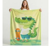 Cartoon Cute Skateboard Crocodile Blanket Green Blankets Printed Fleece Cozy Warm Blanket for Couch Travel Sofa Teens Adult Bedroom Decor Plush Throw Blankets 32in × 59in (80cm × 150cm)