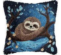 Cartoon Cute Sloth Sleeping on Branch DIY Latch Hook Kits Pillow with Printed Canvas Cushion Crochet Yarn Embroidery Hook and Latch Kit Pillowcase Christmas Decor 43x43cm(1)