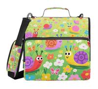 Cartoon Cute Snail and Flowers Colorful 3 Rings Zipper Binder Organizer with Shoulder Strap Easy to Carry Portable Portfolio for Middle School