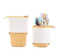 Cartoon Cute Standing Stationery Case Telescopic Pencil Case, Corduroy Canvas Lovely Cartoon Cat Pearl Milk Tea Pencil Pouch for Student Adult School Supplies Office Boys and Girls (Yellow)