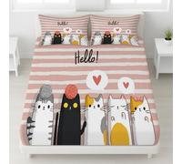 Cartoon Cute Style Fitted Sheet - Pet Theme Strong & Long-Lasting Printed Fabric Cats Stripes Hearts “Hello” Fitted Bed Sheets Single 25 cm Deep Fit for Single Mattress