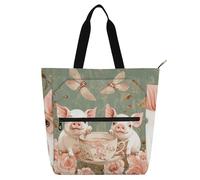 Cartoon Cute Teacup Pig Flower Pink Kids Tote Bags for Kids Students Adults, Gothic Water-resistant Handbags Grocery Beach Bag with Zipper Pockets for School Work Travel Rainbow school