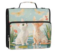 Cartoon Cute White Cat Flowers Butterfly 3 Rings Zippered Binder Bag with Shoulder Strap Includes Zip Pocket Portable Portfolio for Middle School Carpeta del organizador