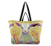 Cartoon Cute White Easter Lamb Canvas Totes Foldable Kitchen Grocery Bags Large Tote Bag for Women Shopping Trip bolsas Grandes para Mujer