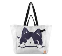 Cartoon Cute White Funny Cat Large Canvas Tote Big Sturdy Kitchen Grocery Bags Bridesmaid Tote for Women Bachelorette Party Presents bolsos para Mujeres