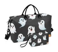 Cartoon Cute White Ghosts Black Travel Duffle Bags & Toiletry Pouch Set, Prints Women Weekend Bags Duffel Luggage Gym Bag