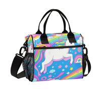 Cartoon Cute White Rainbow unicorns Insulated Lunch Box with Water Bottle Holder Woman Lunch Bags with Shoulder Strap Lady Camping S
