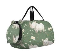 Cartoon Cute White Rhino Flowers Boy's Gym Duffel Bag with Shoes Compartment Multifunctional Kids Overnighter Duffel Bags for Beach Swim Bags Pool Sports