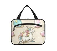 Cartoon Cute White Unicorns Easter Eggs Hanging Toiletry Bag Travel with Hook, Designer Washable Skincare Bag for Women Must Work maletín para maquillaje L