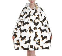 Cartoon Dachshund Oversized Women's Wearable Blanket Hoodie, Flannel Pullover Blanket, Blanket Sweatshirt
