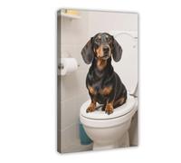 Cartoon Dachshund Sitting on The Toilet Canvas Poster Bedroom Decor Landscape Decor Gift 08x12inch(20x30cm)